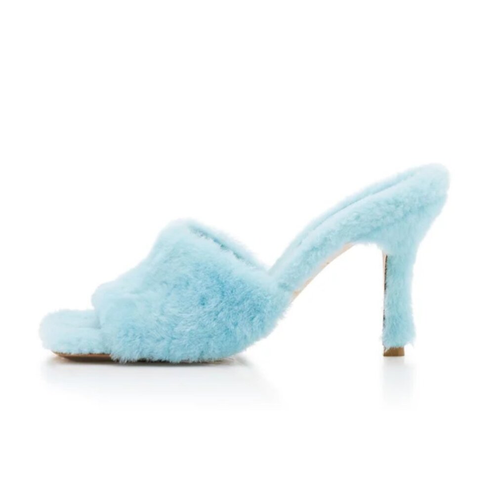 FSJ Elegant Light Blue Furry Shoes Square Toe Faux Fur Winter Mule Heels